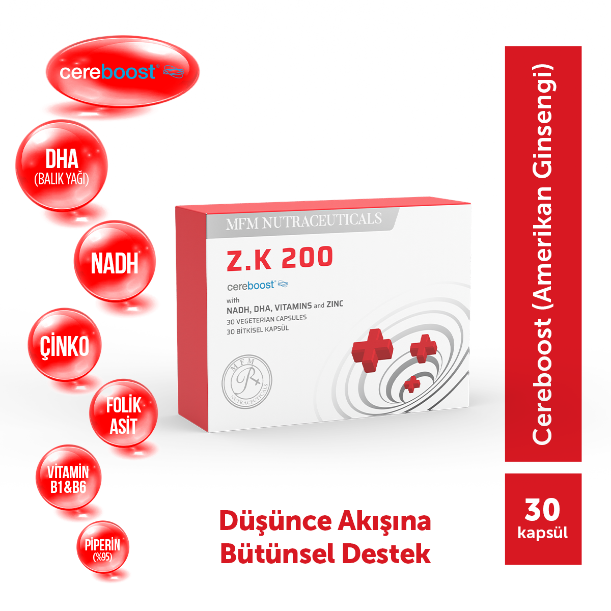 MFM Z.K 200 Amerikan Ginsengi, NADH, DHA, Vitamin ve Çinko İçeren Takviye Edici Gıda (Cereboost, NADH, DHA)  - 30 Kapsül