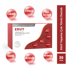 MFM Ervit  L-Arjinin, Taurin, Multivitamin ve Multimineral İçeren Takviye Edici Gıda (L-Arjinin, L-Sitrulin, Magnezyum, Taurin)  - 30 Şase
