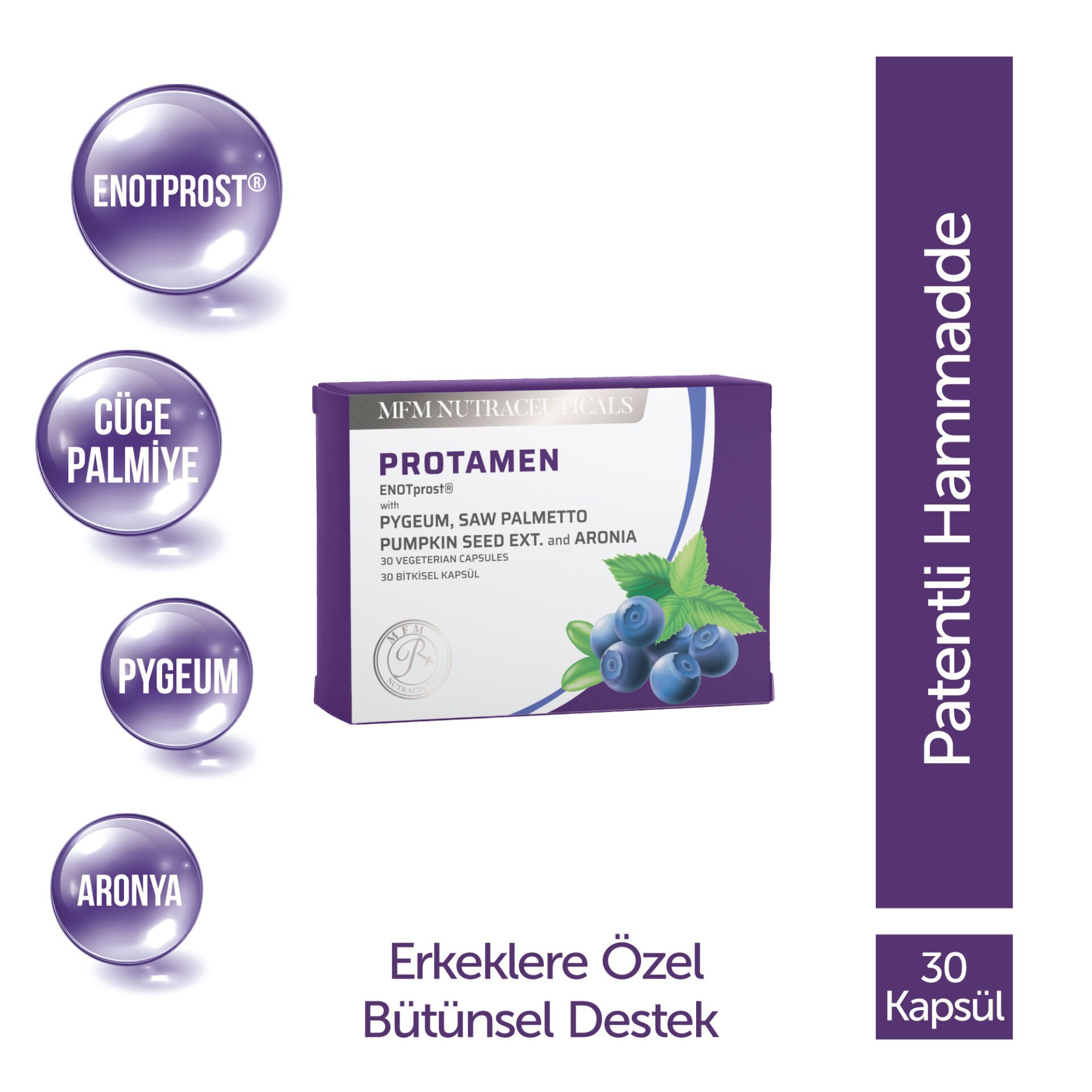 MFM Protamen Enotprost, Pygeum (Afrika Eriği), Cüce Palmiye, Aronya, Bal Kabağı Çekirdeği Ekstresi İçeren Takviye Edici Gıda - 30 Kapsül