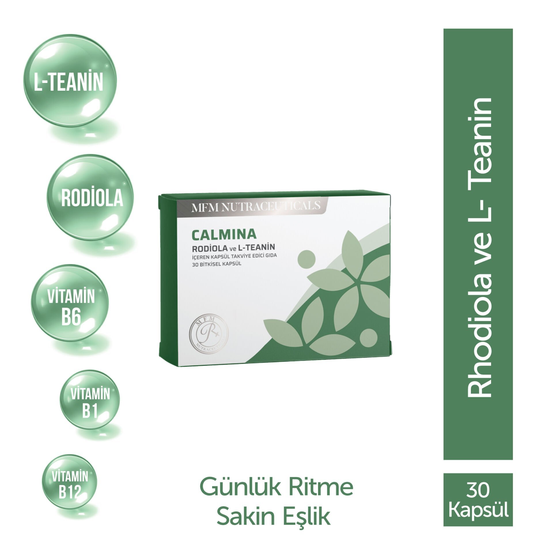 MFM Calmina Rodiola ve L-Teanin İçeren Takviye Edici Gıda (Vitamin B1, B6, B12) - 30 Kapsül
